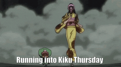 a woman in a kimono is running into kiku thursday with a skeleton in the background .