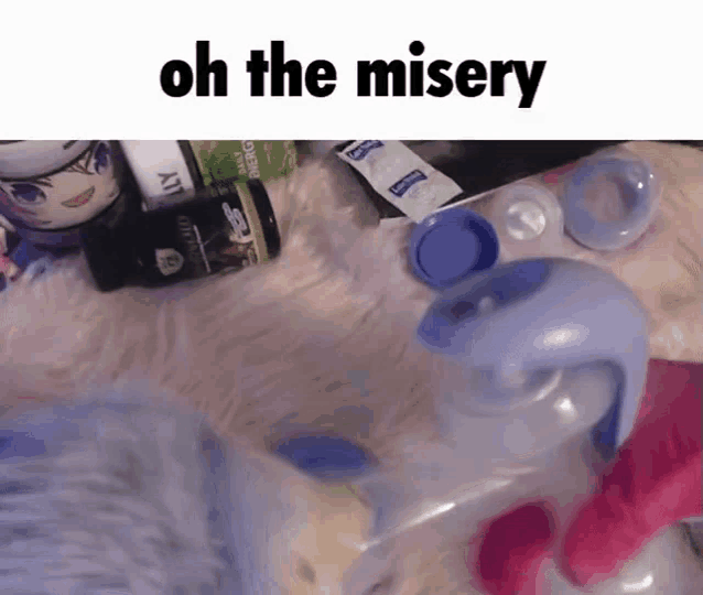 a picture of a stuffed animal with the words oh the misery written on it .