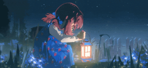 a girl in a blue dress holding a lantern