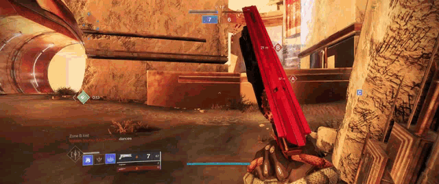 a person is holding a red gun in a video game with the number 7 on the screen