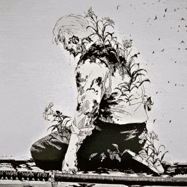 a black and white drawing of a man holding a sword with flowers coming out of his back