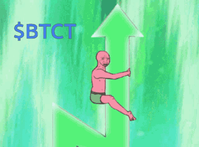 a cartoon of a man sitting on a green arrow with $ btct written on the top