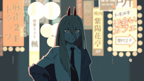 a drawing of a girl with horns in front of a sign that says 2 f