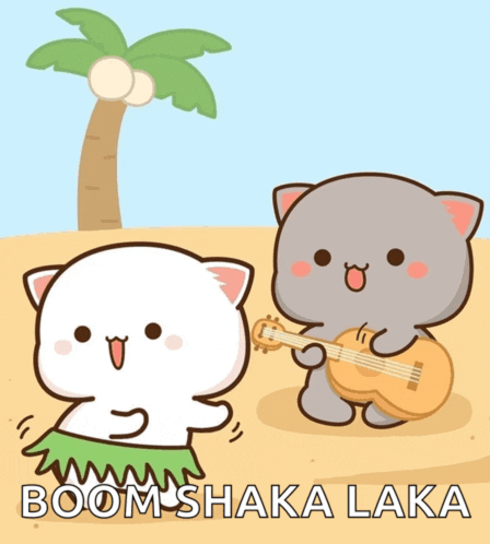 a cartoon of a cat playing a guitar next to another cat who is wearing a hula skirt