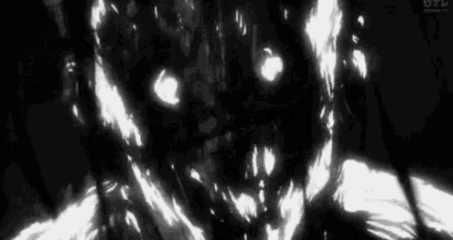 a black and white drawing of a monster with bright eyes .