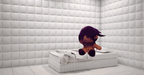 a stuffed animal with purple hair is sitting on a bed
