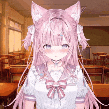 a girl with pink hair and white ears is in a classroom