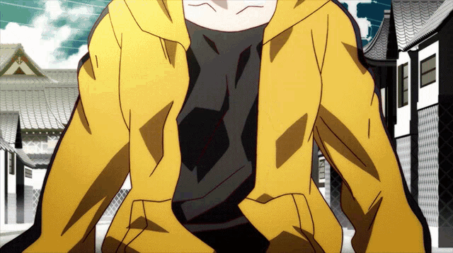 a person wearing a yellow jacket with a black shirt