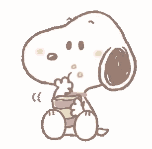 snoopy is drinking from a can with a straw and eating a cherry .