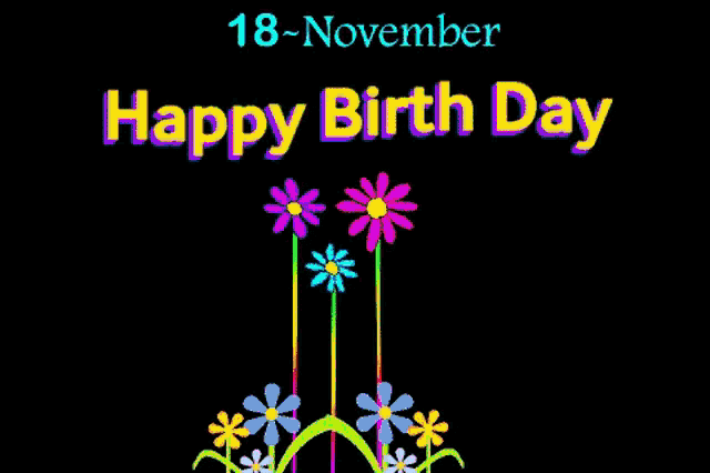 a happy birthday card with flowers and a peace sign on a black background