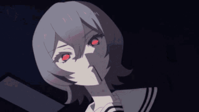 a girl with gray hair and red eyes