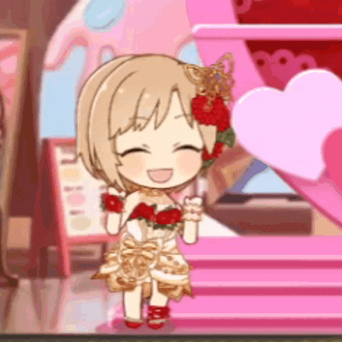 a cartoon girl is standing on a pink staircase with a heart in the background and smiling .