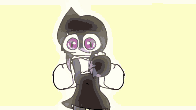 a drawing of a girl with big pink eyes and a black dress