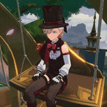 a girl in a top hat and gloves is sitting on a swing