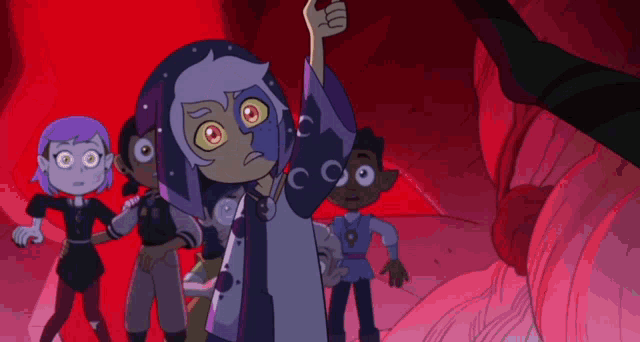 a group of cartoon characters are standing in a cave and one of them has a crescent moon on his shirt