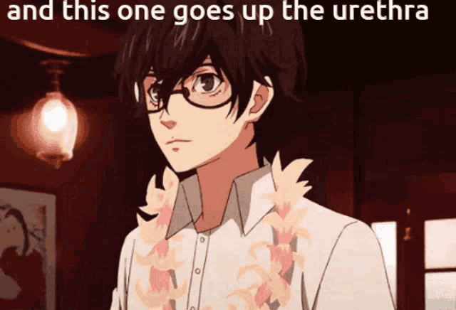 a picture of a boy with glasses and the words and this one goes up the urethra above him