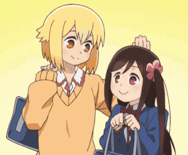 two anime girls are standing next to each other and one has a flower on her hair