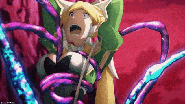 a girl is surrounded by purple and blue tentacles in a cartoon .