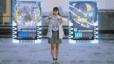 a girl is standing in front of two cards one of which has the word nekonemoon on it