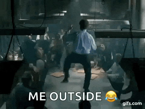 a man in a white shirt is dancing in front of a crowd with the words me outside above him