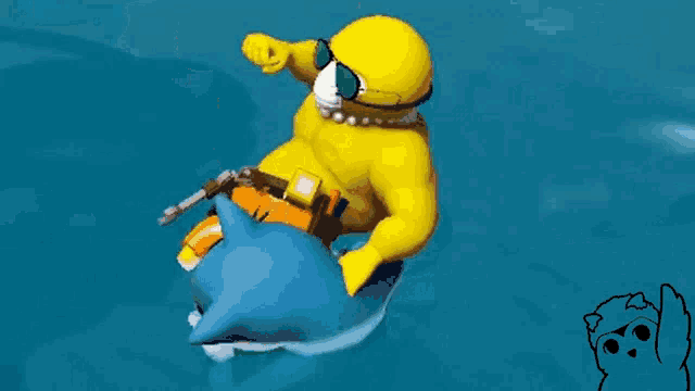 a cartoon character wearing a mask and sunglasses is sitting on a dolphin