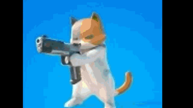 a cat is holding a gun in its mouth and pointing it at the camera .