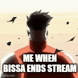 a man in a red shirt is standing in front of a white background with the words `` me when bissa ends stream '' .