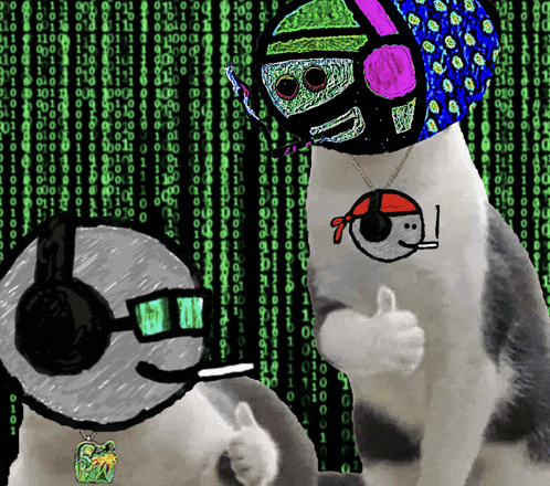 a drawing of a cat wearing headphones and a pirate hat giving a thumbs up