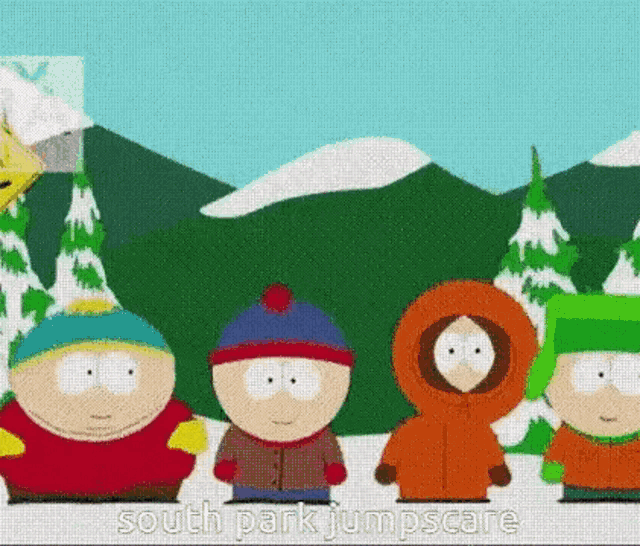 a group of south park characters standing next to each other in a snowy forest .