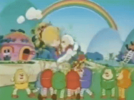 a group of cartoon characters are standing in front of a rainbow and a house .