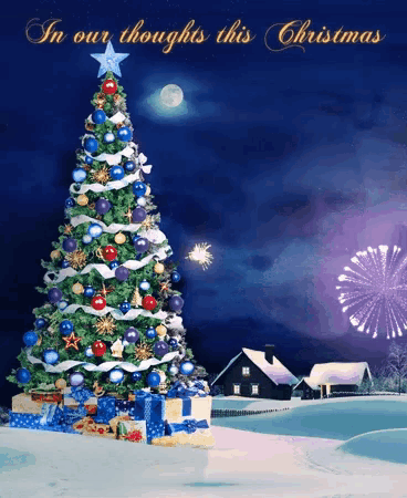 a christmas card with a christmas tree in the foreground and the words in our thoughts this christmas below it