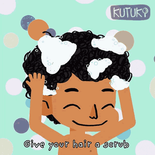 a cartoon of a person washing their hair with the words " give your hair a scrub " underneath