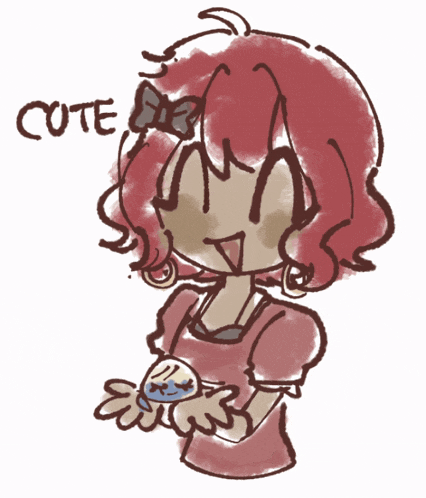 a drawing of a girl with red hair and the word cute