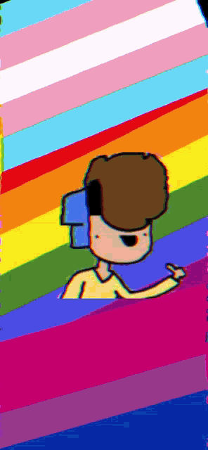 a cartoon of a man with a rainbow background