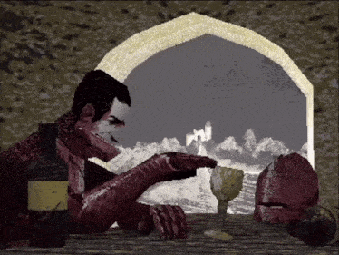 a pixelated image of a man sitting at a table with a bottle of wine and a glass of wine