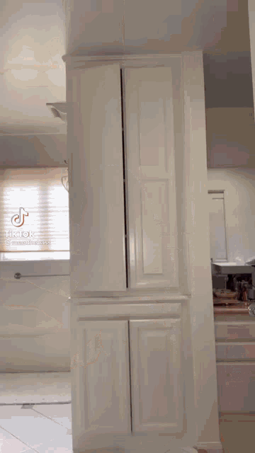 a woman with curlers in her hair is standing in a bathroom next to a tall cabinet .