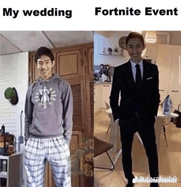 a man wearing pajamas and a suit is next to a man in a suit and tie