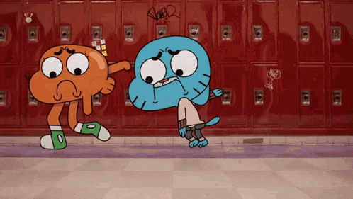 two cartoon characters standing next to each other in front of red lockers with graffiti on them