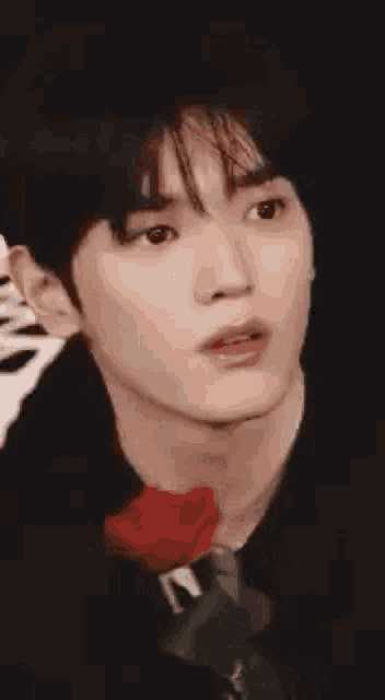 a close up of a man holding a red rose in his hand .