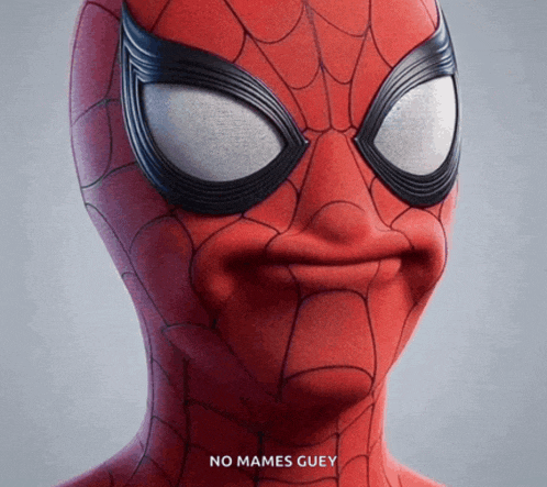 a close up of a spider man 's face with the words no mames guey on the bottom