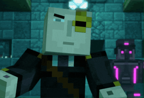 a minecraft character is standing in a dark room with a purple robot behind him