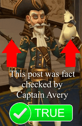 a picture of a pirate holding a parrot and the words " this post was fact checked by captain avery true "