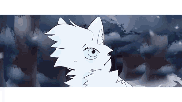 a drawing of a white cat with blue eyes standing in the snow .