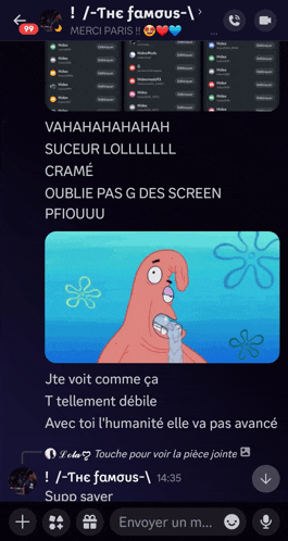 a screenshot of a phone screen with a patrick sponge holding a microphone