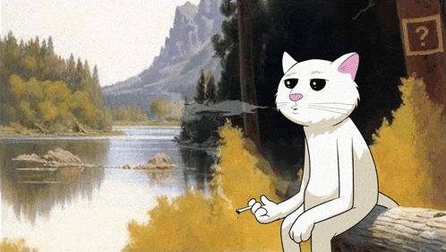 a cartoon of a cat smoking a cigarette in front of a lake