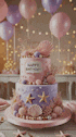 a birthday cake is on a table with balloons and confetti .