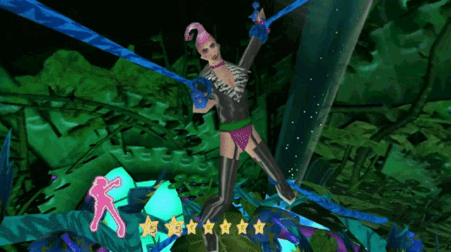 a video game screen shows a woman in a flamingo costume dancing