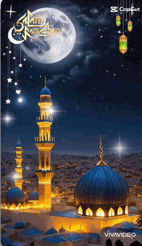 a picture of a mosque at night with a full moon