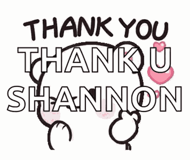 a hello kitty sticker that says `` thank you thank u shannon '' with a pink heart .