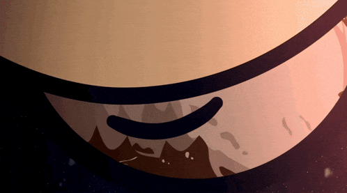 a cartoon drawing of a planet with mountains on it and a smile